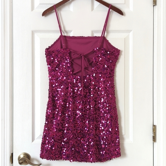 Wild Fable Sequined Sleeveless Lace Up Back Mini Party Dress Magenta Pink Medium - Picture 12 of 15